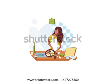 girl prepares to eat in the kitchen and works at the laptop, vector illustration