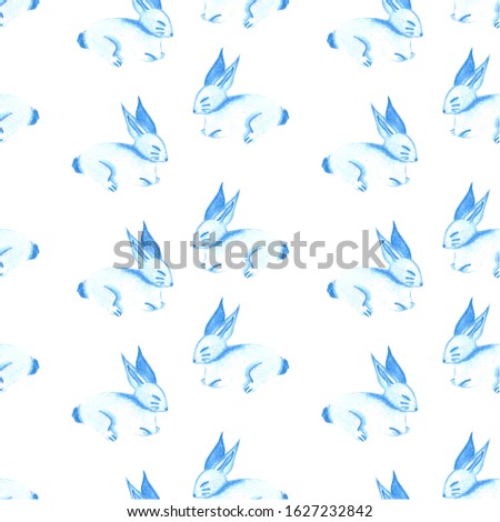 Watercolor pattern with cute blue rabbits.Used for wedding and greeting cards,posters,wallpapers,print,postcards and paper.