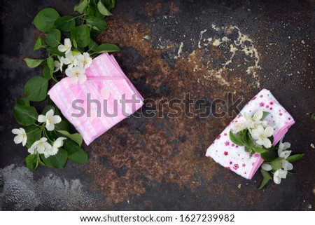 Creative top view apple  tree blooming flowers brunch  and textile pantie on rustic wooden background with copy space in minimal style, template for lettering, text or your design