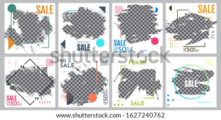 Grunge vector overlay. Banner design. Fashion sale promotion and digital marketing. Hand drawn abstract frame with Memphis pattern elements. Ink brush strokes mess. White poster with color frame