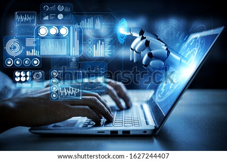 Artificial intelligence AI research of robot and cyborg development for future of people living. Digital data mining and machine learning technology design for computer brain communication. Royalty-Free Stock Photo #1627244407