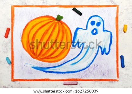 Colorful hand drawing: Hallowen Pumpkin and Scary Ghost. Halloween drawing on white  background