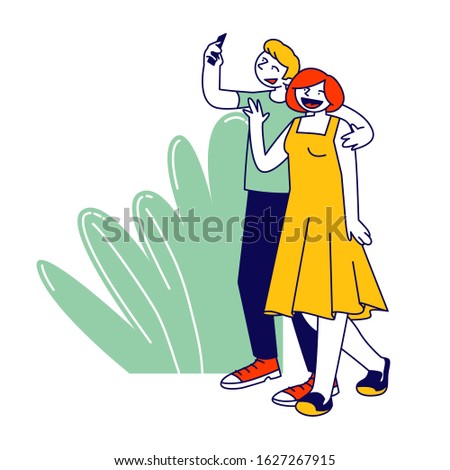 Young Man and Woman Couple with Mobile Phone Make Photo Picture. Friend or Lover Characters with Cellphone Making Selfie Enjoy Relationship at Trip, Journey. Cartoon Flat Vector Illustration, Line Art
