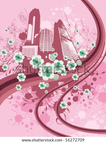 Floral cityscape background with grunge details. Vector illustration.