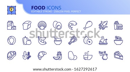 Outline icons about food. Fruit and vegetables. Protein, meat, seafood, dairy, nuts, eggs and legumes. Grain. Fast food, desserts and sugar products. Editable stroke. Vector - 256x256 pixel perfect. Royalty-Free Stock Photo #1627292617
