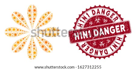 Coronavirus mosaic flower icon and rounded rubber stamp seal with H1N1 Danger caption. Mosaic vector is formed with flower icon and with scattered microorganism symbols.