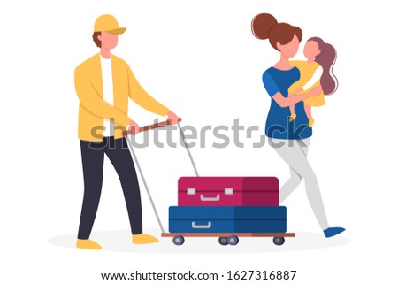 Vector illustration of tourist with laggage and handbag. Family trip. Isolated illustration of female character, mother and her daughter on their vacation.