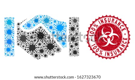 Coronavirus collage acquisition handshake icon and rounded rubber stamp seal with 100% Insurance caption. Mosaic vector is formed with acquisition handshake icon and with random virus items.