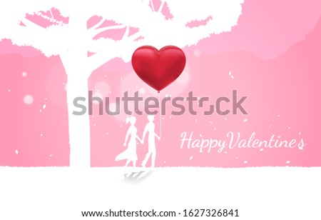 Lover couple holding hand walking with balloon heart under big tree. valentine's day and love and anniversary theme.
