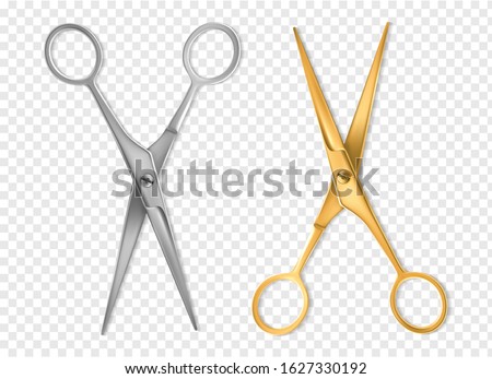 Realistic scissors. Silver and gold metal classic scissors tool mockup, hairdresser or tailor instrument isolated vector handling cutting equipment set