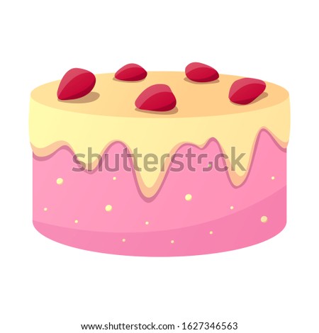 vector illustration of a pink cake with cream and strawberries isolated on a white background
