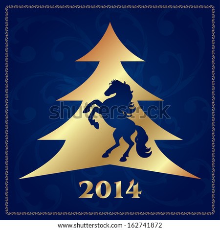 Background with horse silhouette and Christmas tree, vector illustration