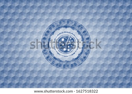 pizza icon inside blue emblem or badge with geometric pattern background.
