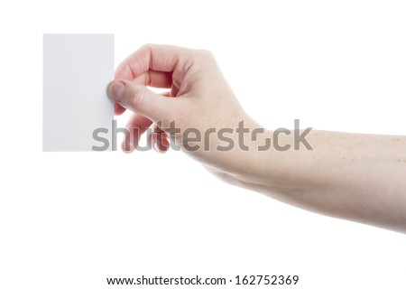 Empty paper card in woman hand isolated on white background