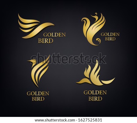 Vector golden birds set, luxury logos isolated. Creative flying abstract bird design template