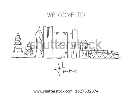 One single line drawing of Hanoi city skyline, Vietnam. Historical town landscape in the world. Best holiday destination poster. Editable stroke trendy continuous line draw design vector illustration