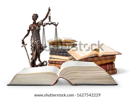 A picture of a Themis statue standing at books  background