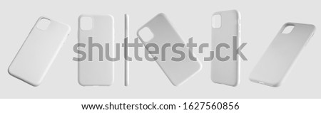 Mockup of white plastic cases for mobile phones, a set of 6 containers in different positions. Smartphone cover template for presentation of design and advertising in the online store Royalty-Free Stock Photo #1627560856
