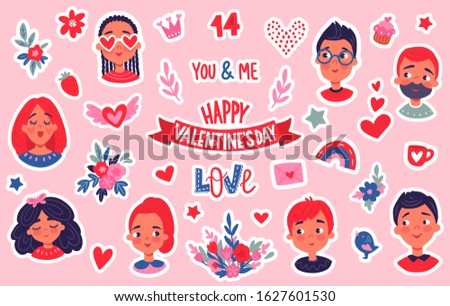 Happy Valentine's Day stickers set. Badges with cute couple, heart, love inscriptions, crown. Boy and girl in love. 14 February. Vector stock illustration in cartoon style.