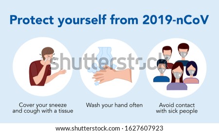 Coronavirus COVID-19 outbreak concept, How to protect yourself from infection, hand washing, avoid patients and cover your sneeze. Vector illustration, flat design. Royalty-Free Stock Photo #1627607923