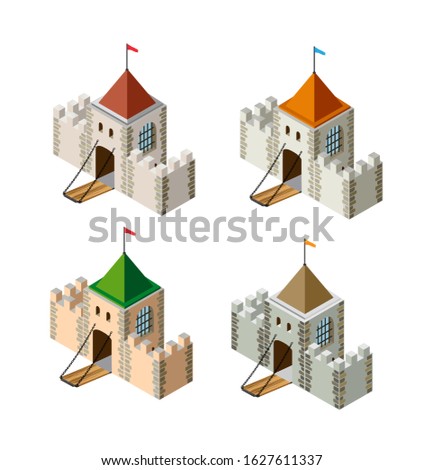A perspective isometric set view of a medieval fortress on a white background