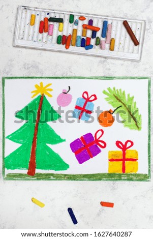 Photo of colorful drawing: Christmas tree and gifts 