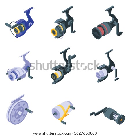 Fishing reel icons set. Isometric set of fishing reel vector icons for web design isolated on white background