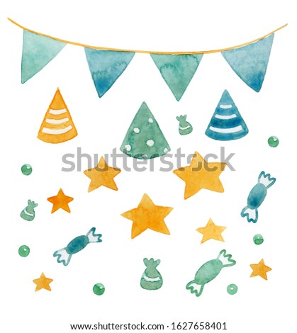 Watercolor Happy birthday set. Hand drawn vintage celebration objects: stars, candies, flags garland, ribbons. Decorations isolated on white background.