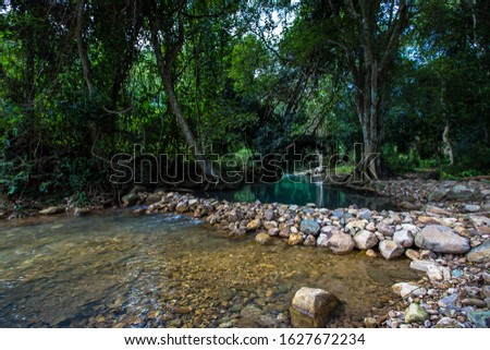 Mountain river with stones. Fast water current. Water photo texture. Grey river in tropics wallpaper. Rafting river in forest.