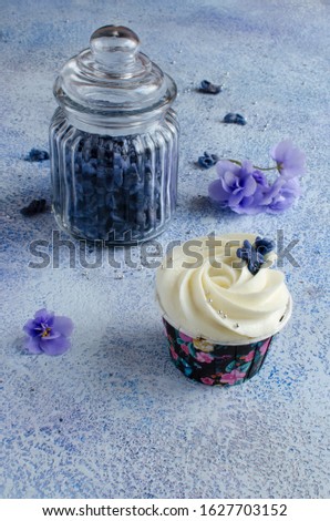 Chocolate cupcake decorated with cream cheese and flowers on light blue background 