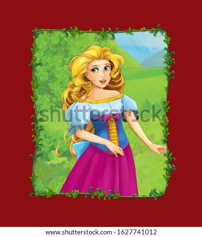 cartoon scene with princess queen on the meadow illustration for children