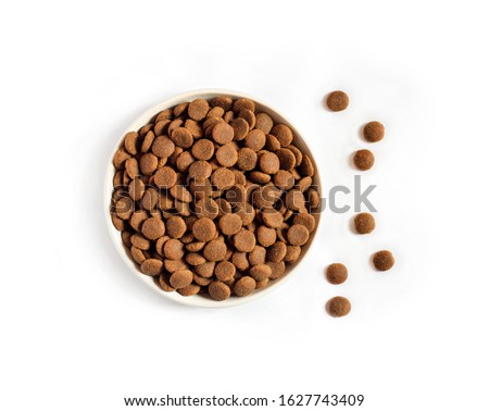 Dry pet food in a white ceramic bowl isolated on white background. Flat lay, top view. Copy space Royalty-Free Stock Photo #1627743409