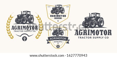 Set of vector farm logo, emblems and badges. Simple line tractor illustration. Royalty-Free Stock Photo #1627770943