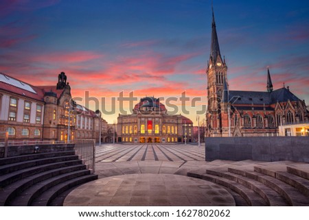 Chemnitz, Germany. Cityscape image of Chemnitz, Germany with Chemnitz Opera and St. Petri Church during beautiful sunset. Royalty-Free Stock Photo #1627802062