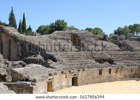 Roman ruins of Italica, Santiponce, Seville, in a sunny day. Picture of the ancient ruins and structures made by the roman empire