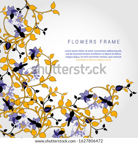 Floral background with branch and leaves. Tropical botanical Motifs. Yellow, Blue colors. Printing with in hand drawn style. Flourish ornamental garden.