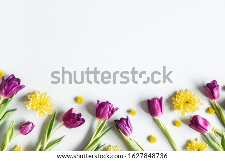Flowers composition. Colorful flowers on gray background. Spring concept. Flat lay, top view, copy space