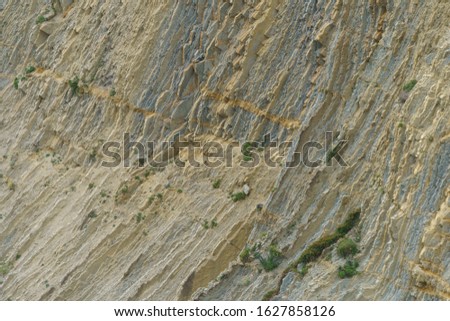 Photography of stone texture. Detail of cliff in Zumaia in Basque Autonomous Community / country in summer cloudy day in Bay of Biscay. Ornamental pattern of mountain surface. High resolution image.