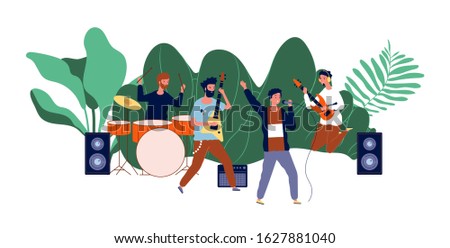Male team concert. Boys band, men musicians or pop group. Open air rock festival, music event vector illustration