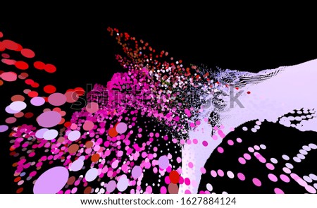 Flying dots and wavy dotted lines abstract background with pink and purple colors. Moving lines, speed concept waves.
