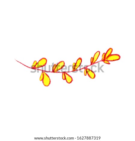 Isolated branch with autumn leaves and flowers. Hand drawn with watercolor and colored pencils. Decorative floral element. Botany illustration. For post cards, textile, wallpaper and wrapping paper