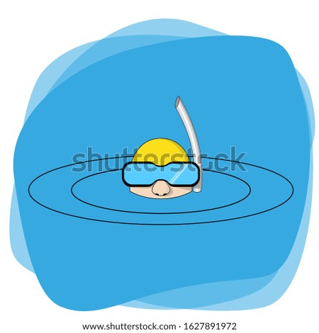 A man in water in a mask and with a snorkeling tube. Circles in blue water and a yellow cap for swimming on his head. Isolated vector.