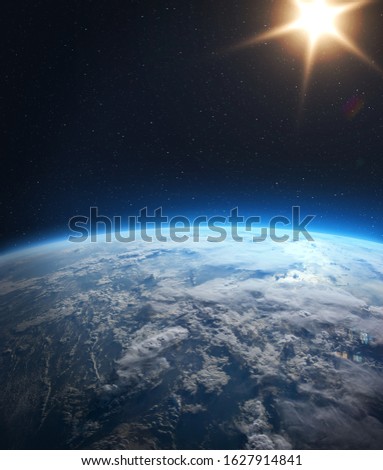 Earth, Sun and outer space. Planet earth with sunrise in the space. Elements of this image furnished by NASA. Royalty-Free Stock Photo #1627914841