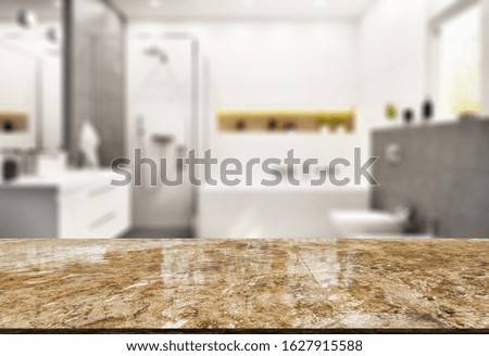 Empty marble top table with blurred bathroom interior Background. for product display montage