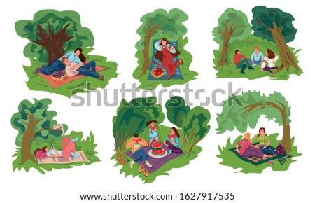 Set of various people resting in the green city park. Vector illustration in flat cartoon style.
