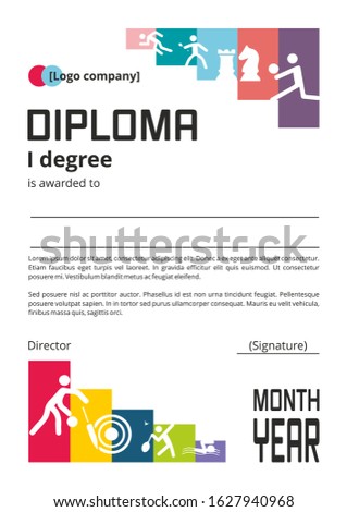 Diploma template with multi-colored squares and sports icons. Modern design of the winner’s diploma. Great idea for award materials of a sports festival.