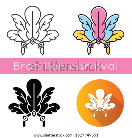 Brazilian carnival headwear icons set. Linear, black and RGB color styles. Crown with plumage and jewels. Ethnic festival. National holiday. Masquerade parade. Isolated vector illustrations