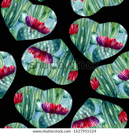 Watercolor hand painted seamless pattern with heart shaped compositions of green blooming cactuses on black background. Unusual pattern for St. Valentines Day.