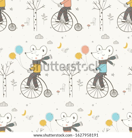 Seamless pattern with cute baby mouse riding a bicycle. Hand drawn vector illustration.