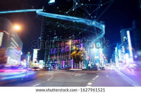 Fast connection in the city at night. Abstract technology background